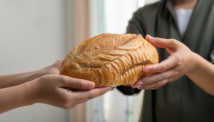 Hands pass a loaf of bread, showing an act of giving and sharing food.