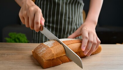 Hands use a serrated knife to slice a loaf of bread, showing food prep.