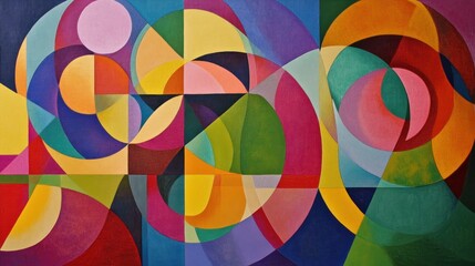 Fototapeta premium Abstract geometric painting with vibrant colors and overlapping circles and shapes.