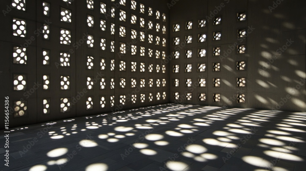 Wall mural abstract shadows and light patterns cast on floor through patterned concrete wall.