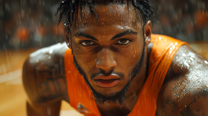 Basketball player crouching in a defensive stance