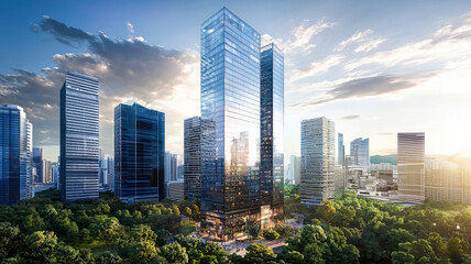 A sleek modern skyscraper featuring a reflective glass facade, surrounded by other high-rise buildings in a bustling city, showcasing urban architecture and vibrancy.
