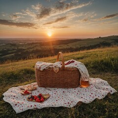 A romantic sunset picnic on a hill with a heart-shaped picnic blanket and a wicker basket.