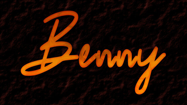 3D fire text effect of name Benny on dark background.	