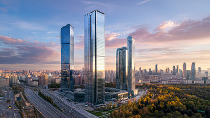 A sleek modern skyscraper featuring a reflective glass facade, surrounded by other high-rise buildings in a bustling city, showcasing urban architecture and vibrancy.