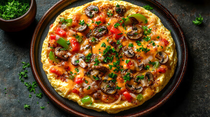 Fluffy omelette on a plate with mushrooms, cheese and vegetables