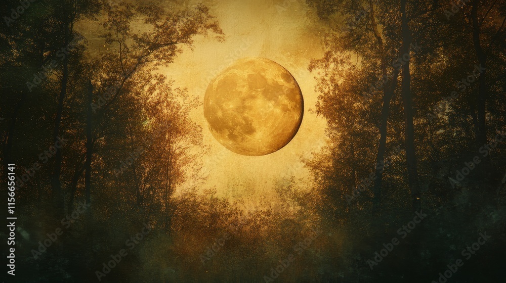 Poster Abstract background featuring a moon surrounded by trees, creating a serene atmosphere. The moon enhances the abstract feel, emphasizing the interplay between nature and the artistic representation.