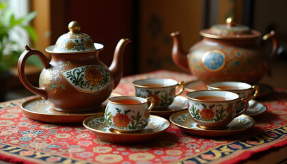 Khokhloma style tea set: A set of cups and a teapot with traditional paintings on the background of a cozy table.