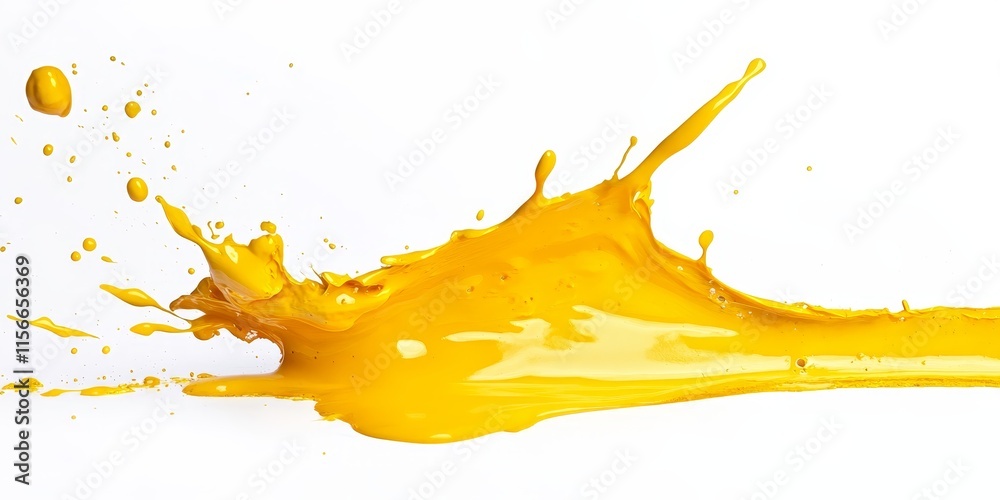 Poster Vibrant yellow paint splash isolated on a white background creates a dynamic visual display this yellow paint splash is perfect for art and design projects highlighting color and creativity.