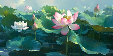 Pink lotus flower blooms gracefully among lotus leaves and white lotus flowers, with a lotus bud emerging in a serene pond, illuminated by the gentle morning sunlight and sunshine.