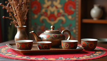 Khokhloma style tea set: A set of cups and a teapot with traditional paintings on the background of a cozy table.