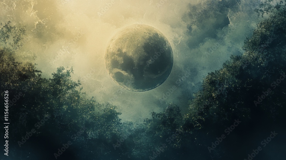 Leinwandbilder Abstract background featuring a moon surrounded by trees, creating a serene atmosphere. The moon enhances the abstract feel, emphasizing the interplay between nature and the artistic representation.