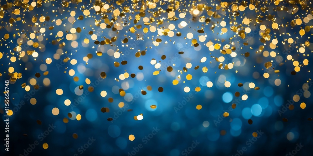 Poster glittering round gold confetti is cascading down against a sophisticated blue backdrop, creating a s