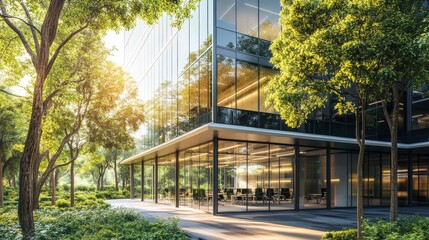 Obraz premium Modern glass office building with big trees around to reduce heat and carbon dioxide. Eco-friendly building and CO2 reduction corporate building. Sustainability concept