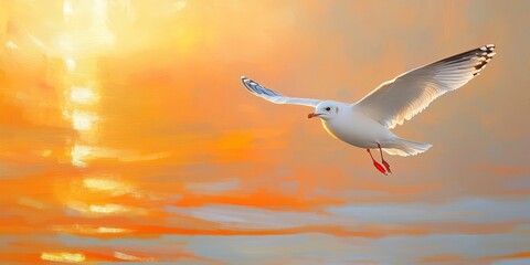 Fototapeta premium Seagull gliding gracefully during sunset over the shimmering river, capturing the serene beauty of nature with the captivating sight of a seagull in flight at dusk.