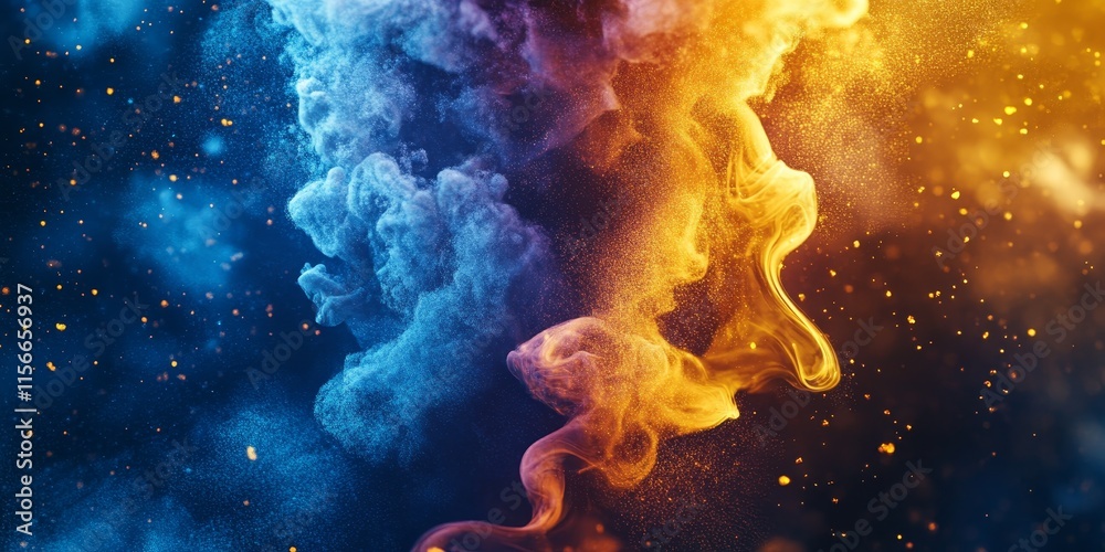 Aufkleber an aerial perspective showcases a dynamic transition of particles, shifting from a deep blue hue to 