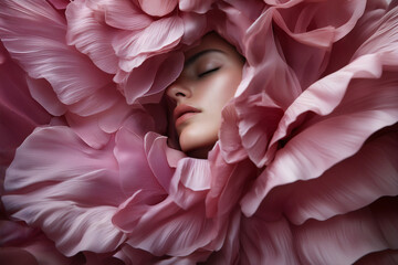 Fashion editorial Concept. Natural skin woman face of high fashion with flowing rose pink conceptual and pleats petal surrounding. illuminated dynamic composition dramatic lighting. copy text space 