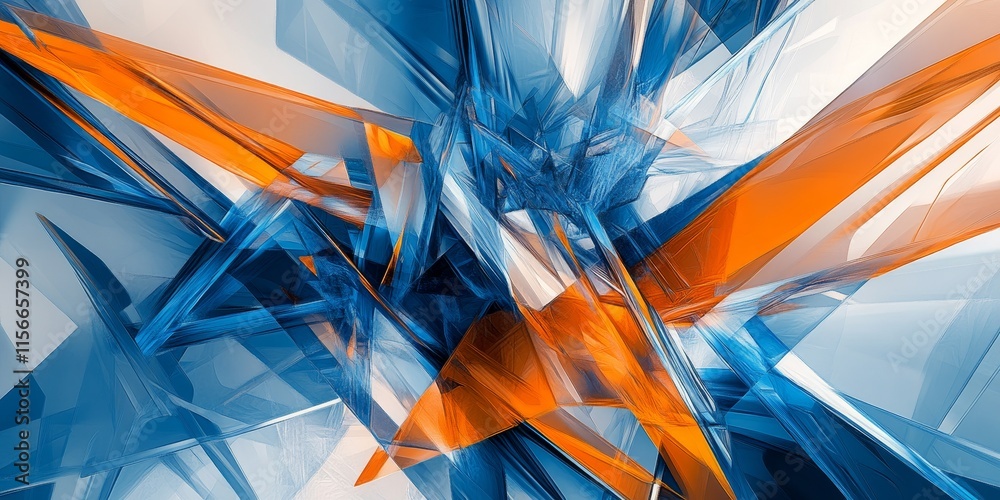 Poster This is an abstract background in shades of blue and orange, showcasing geometric forms and lines that lead to vanishing points, creating a dynamic visual effect.
