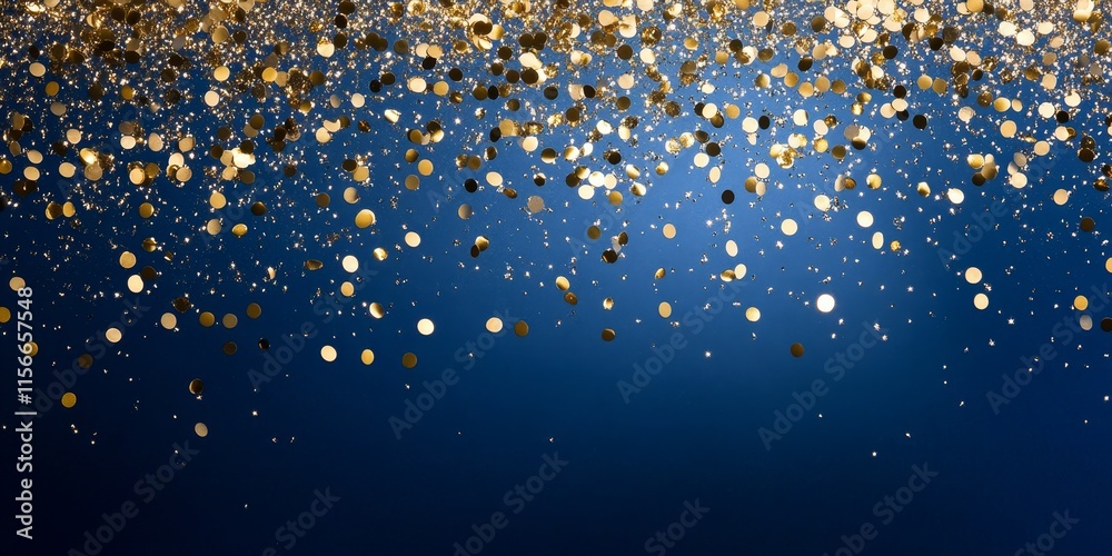 Aufkleber Glittering round gold confetti is cascading down against a sophisticated blue backdrop, creating a stunning visual effect of falling gold on elegant blue.