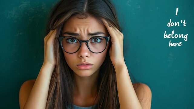 A young woman wearing glasses looks worried and overwhelmed, with "I don't belong here" written on a green chalkboard background.
