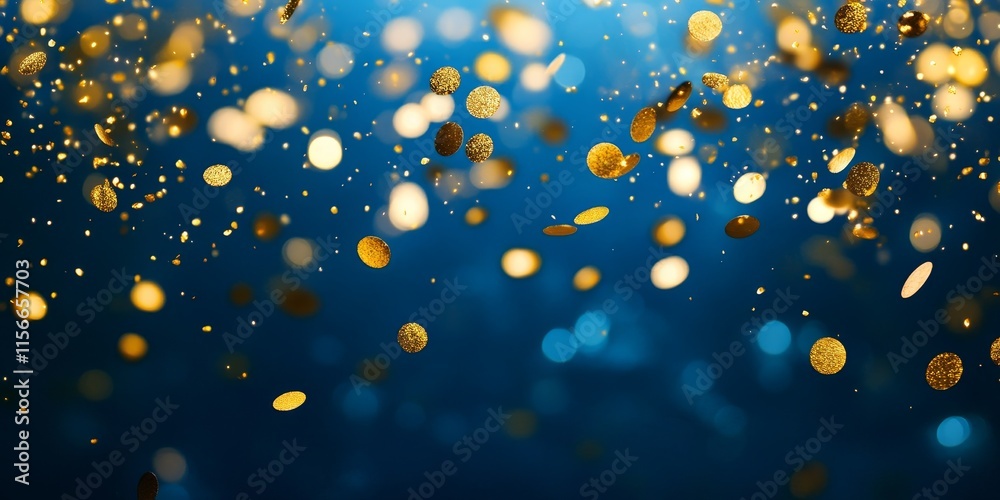 Aufkleber glittering round gold confetti is cascading down against a sophisticated blue backdrop, creating a s