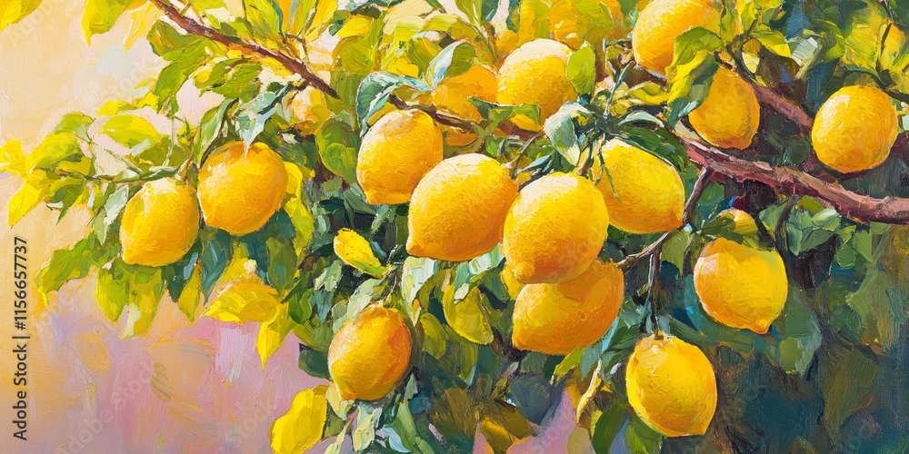 Aufkleber Fresh ripe lemons hanging on a vibrant lemon tree create a stunning display. The colorful bunch of fresh ripe lemons adds a cheerful touch to any setting featuring this lemon tree.