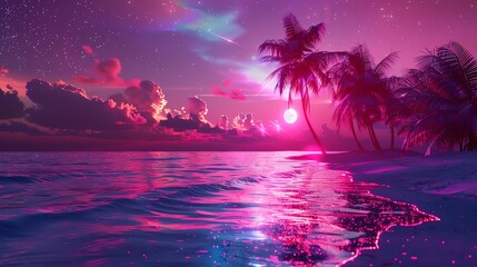 A retro-futuristic digital artwork of a beach with palm trees and a pink sunset.
