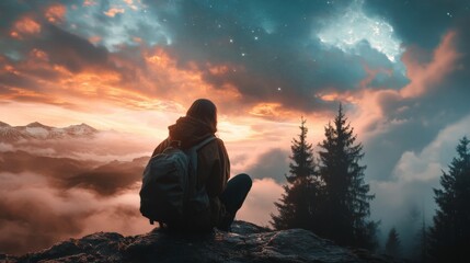 Obraz premium Solitude Amidst Majestic Sunset: A Hiker Contemplates Nature's Grandeur