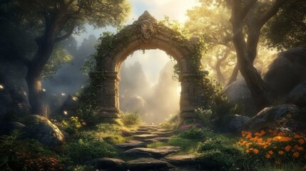 Obraz premium Mystical forest landscape with intricate stone archway surrounded Magic Gate. Mysterious Entrance