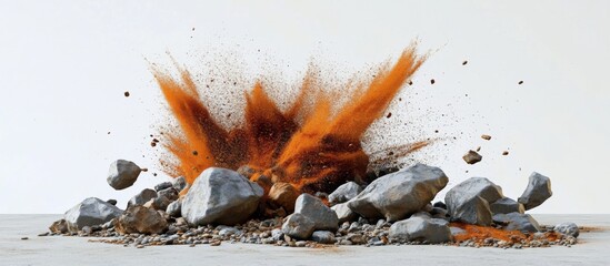 Dynamic Chaos: Rocks, Pebbles, and Explosive Orange Powder Split debris of stone