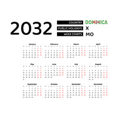 Calendar 2032 English language with Dominica public holidays. Week starts from Monday. Graphic design vector illustration.