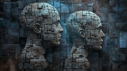 Obraz premium Two Stone Heads Side Profile, Dark Abstract Background, Mysterious Mood