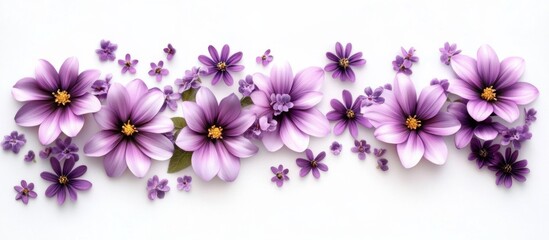 Purple Flowers Flat Lay Arrangement on White Background A