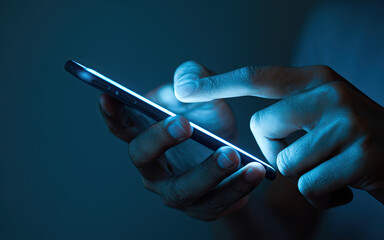 Close-Up of Person's Hands Holding Smartphone, Illuminated Screen Casting Soft Glow on Fingers, Dark Background with Blue Hue of Phone's Light, Person Interacting with Phone by Typing or Swiping