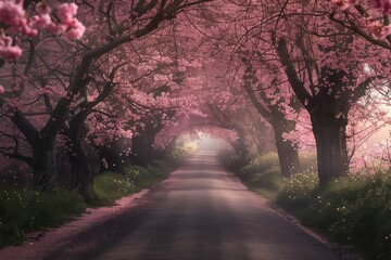 Naklejka premium A tranquil pagoda surrounded by cherry blossom trees