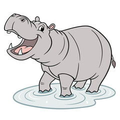 A grinning hippo wading in shallow, clear water Illustrator Artwork