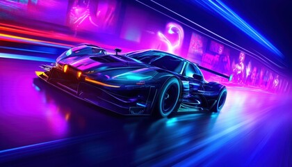 Obraz premium Neon Nightspeed: Futuristic Race Car Blazing Through Vibrant Cityscape Tunnel
