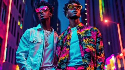 Fototapeta premium Two stylish individuals pose confidently in a vibrant urban setting, adorned in colorful attire and sunglasses, illuminated by neon lights.