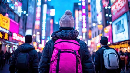 A person with a pink backpack stands in a vibrant cityscape filled with neon lights and signs, creating a lively urban atmosphere.