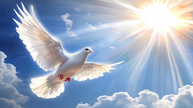 Peaceful White Dove Flying in Sunny Sky - Holy spirit bird flies