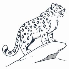 A grinning snow leopard lounging on a white snowbank