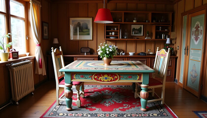 Khokhloma furniture: Table and chairs painted in Khokhloma style in the interior of a Russian hut.
