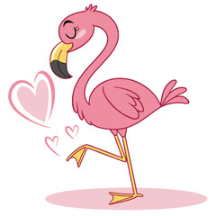A happy flamingo standing on one leg, with its neck curved into a heart shape