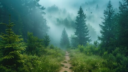Fototapeta premium A serene forest path shrouded in mist, inviting exploration and tranquility.