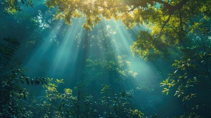 Obraz premium Sunlight filters through lush foliage in a serene forest, creating a tranquil atmosphere.