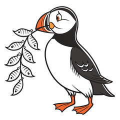 A playful puffin holding a string of tiny fish in its beak