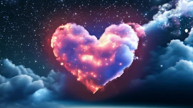 Glowing heart-shaped cloud illuminated by stars in a dreamlike nighttime sky