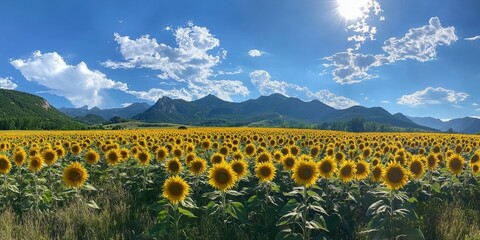 Fototapeta premium Field of sunflowers with mountains in the background under a stunning blue sky, creating a picturesque scene showcasing the vibrant colors of the sunflower field and the beauty of nature.