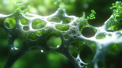 Abstract green organic structure with holes and moss.