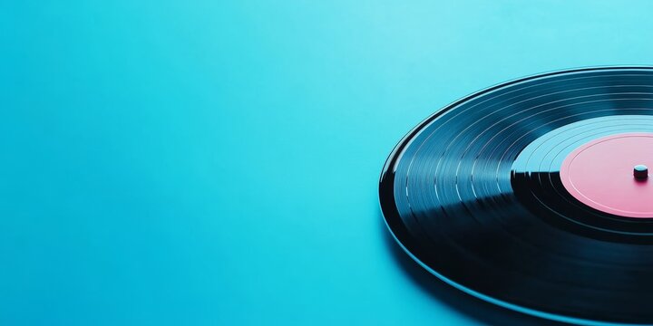 A close up of a black vinyl record set against a blue backdrop, highlighting a music theme with ample room for additional text or design elements.